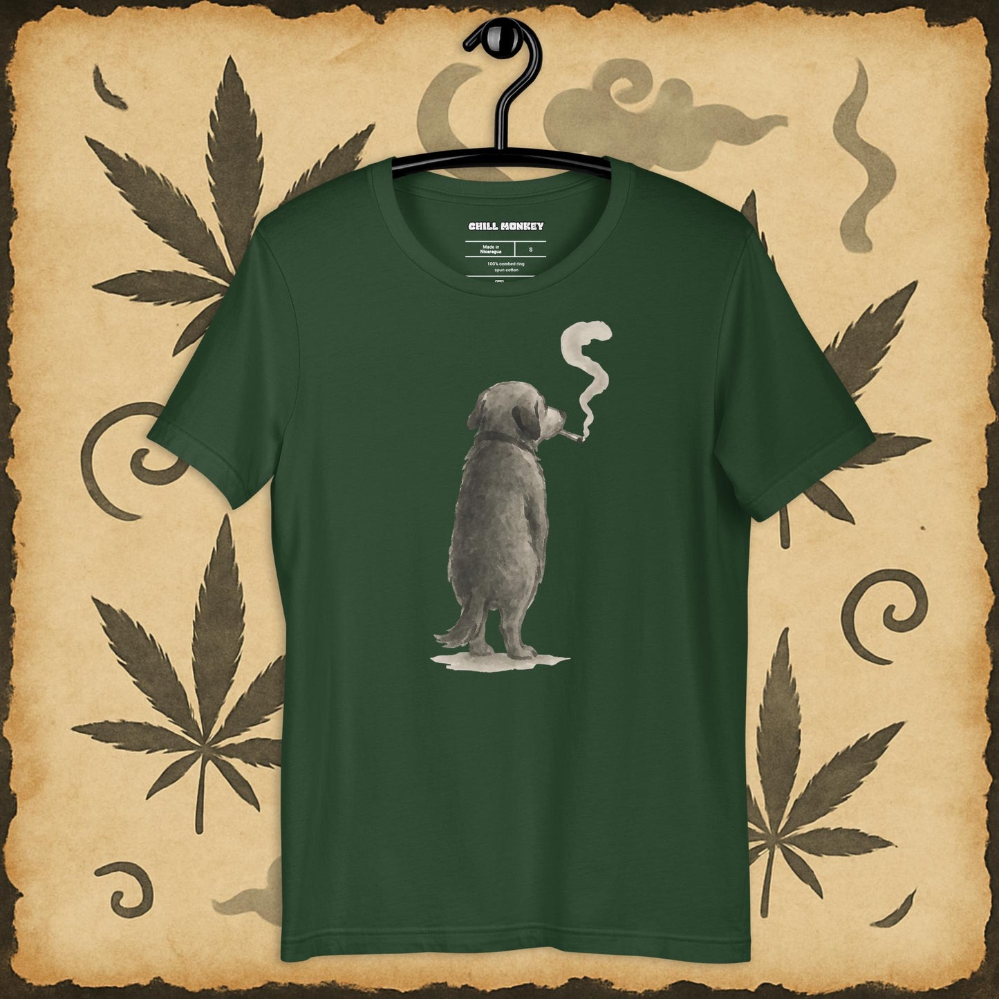 Relaxed fit green t-shirt with sumi-e dog blowing smoke – Chill Monkey cannabis streetwear