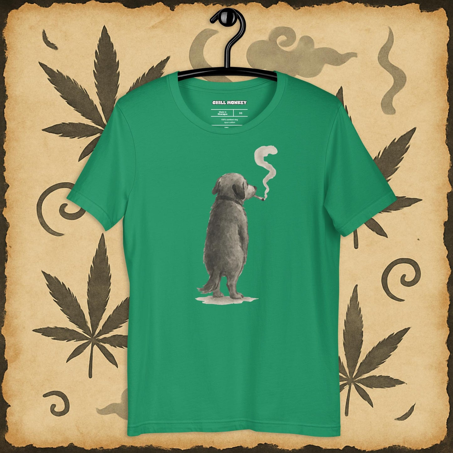 Relaxed fit green t-shirt with sumi-e dog blowing smoke – Chill Monkey cannabis streetwear