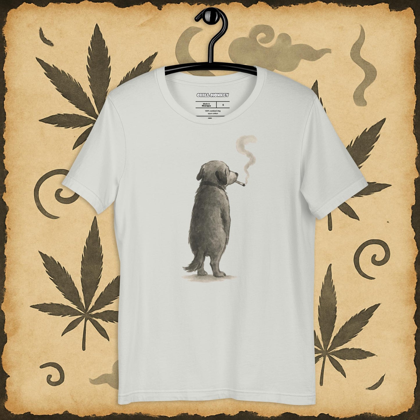 Relaxed fit grey t-shirt with sumi-e dog blowing smoke – Chill Monkey cannabis streetwear