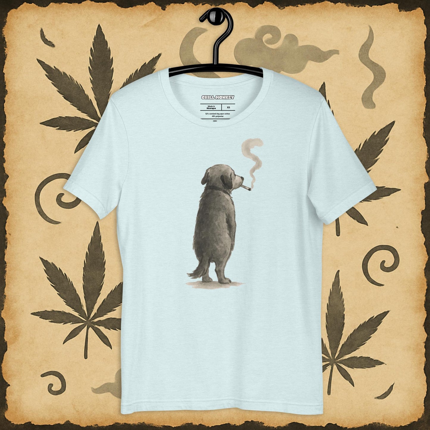 Relaxed fit light blue t-shirt with sumi-e dog blowing smoke – Chill Monkey cannabis streetwear