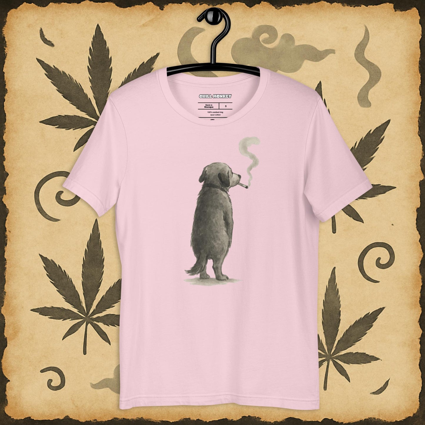 Relaxed fit pink t-shirt with sumi-e dog blowing smoke – Chill Monkey cannabis streetwear