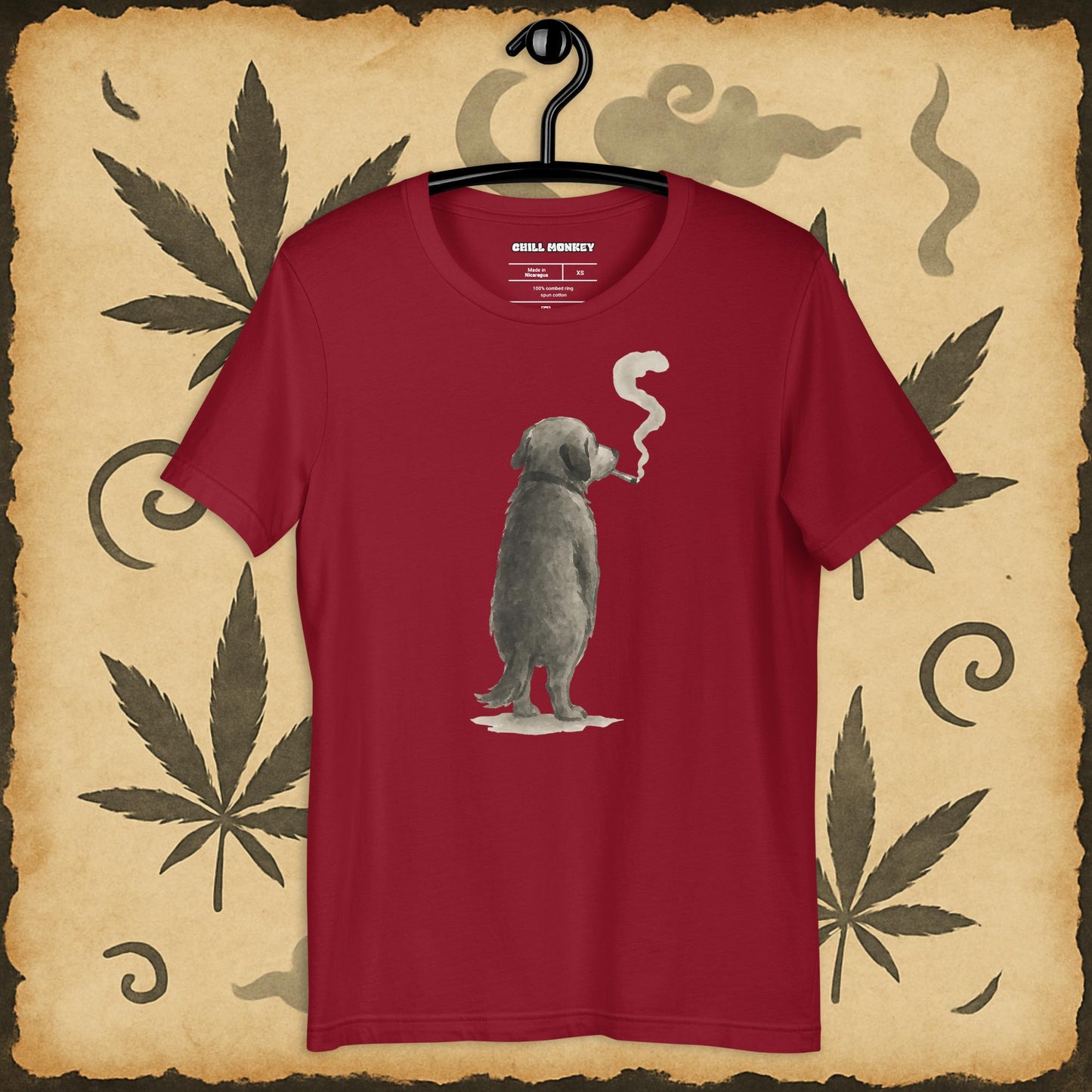 Relaxed fit red t-shirt with sumi-e dog blowing smoke – Chill Monkey cannabis streetwear