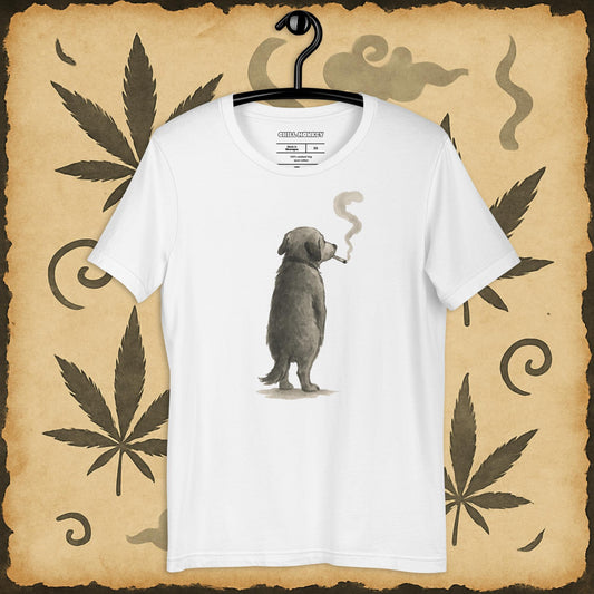 Relaxed fit white t-shirt with sumi-e dog blowing smoke – Chill Monkey cannabis streetwear