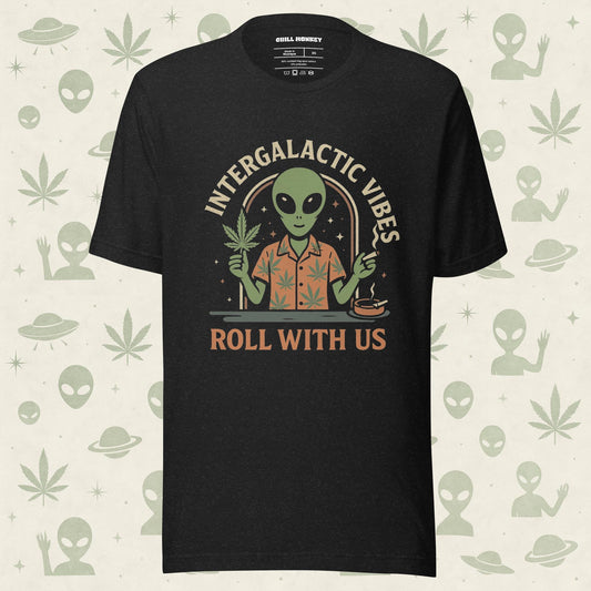Chill Monkey unisex tee “Alien Weed” streetwear 420 featuring alien holding cannabis leaf and joint, front print view, black color.