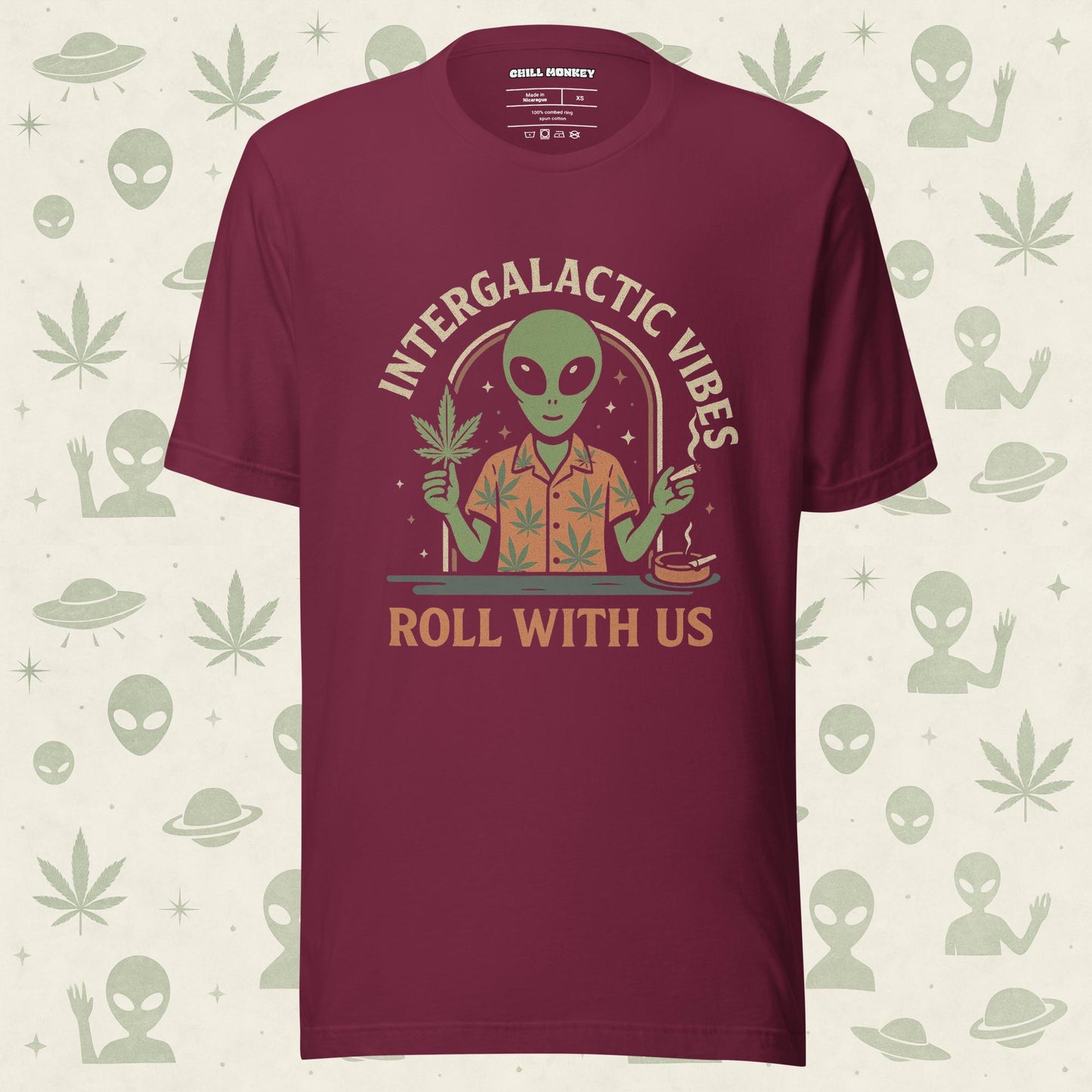 Chill Monkey unisex tee “Alien Weed” streetwear 420 featuring alien holding cannabis leaf and joint, front print view, maroon color.