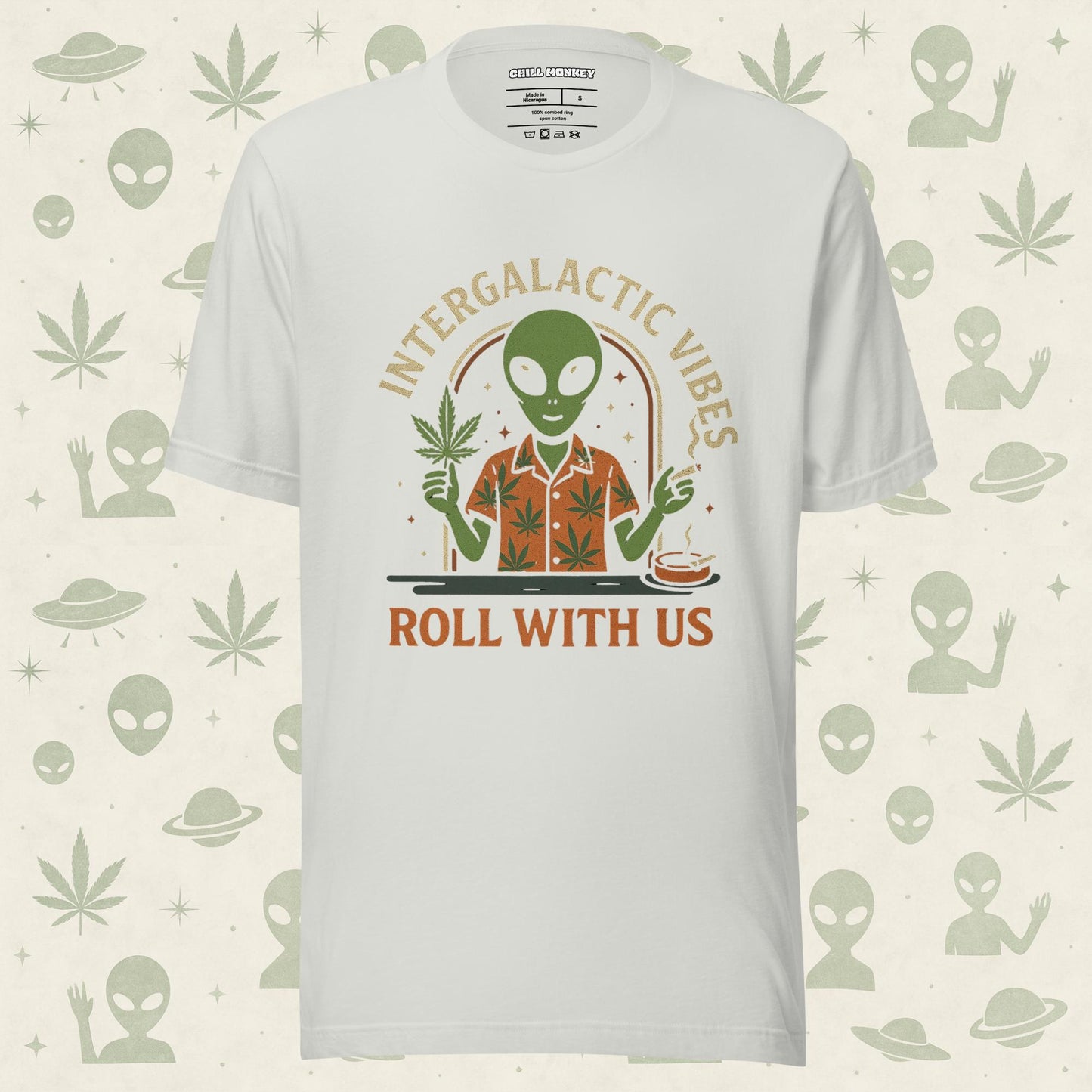 Chill Monkey unisex tee “Alien Weed” streetwear 420 featuring alien holding cannabis leaf and joint, front print view, white color.