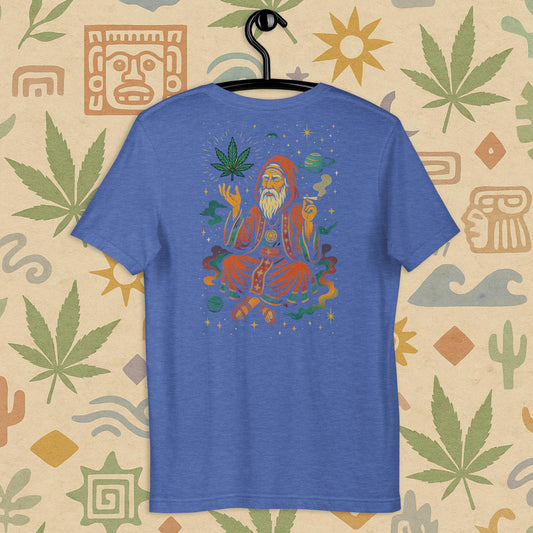 Chill Monkey unisex tee “Cosmic Wizard” streetwear 420 featuring meditating wizard, glowing cannabis leaf and space motifs, back print view, forest blue color.