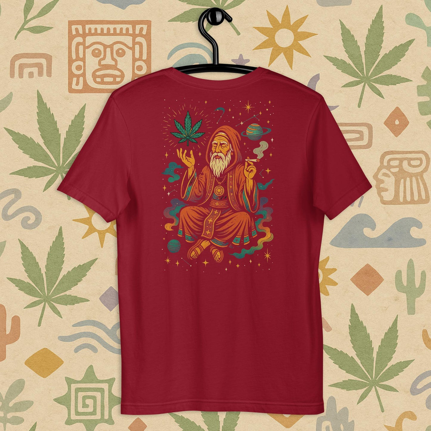 Chill Monkey unisex tee “Cosmic Wizard” streetwear 420 featuring meditating wizard, glowing cannabis leaf and space motifs, back print view, red color.