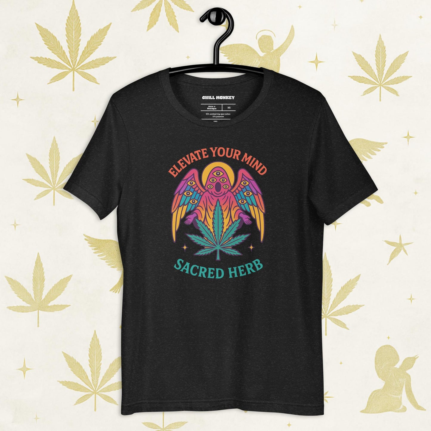 Chill Monkey unisex tee “Elevate Your Mind – Sacred Herb” streetwear 420 with psychedelic bird and cannabis leaf, front print view, black color.