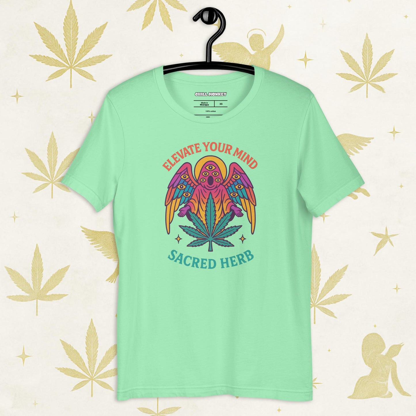 Chill Monkey unisex tee “Elevate Your Mind – Sacred Herb” streetwear 420 with psychedelic bird and cannabis leaf, front print view, green color.