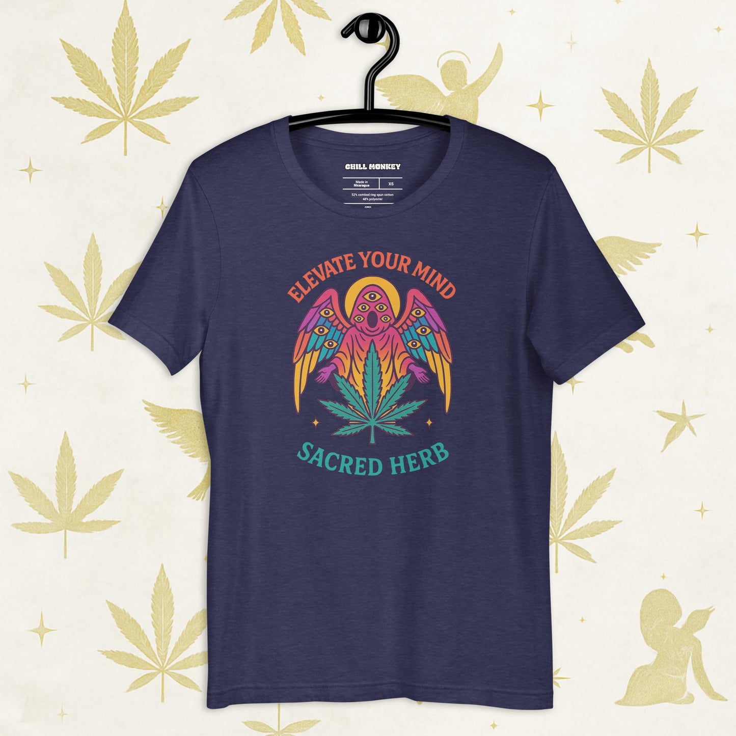 Chill Monkey unisex tee “Elevate Your Mind – Sacred Herb” streetwear 420 with psychedelic bird and cannabis leaf, front print view, navy color.