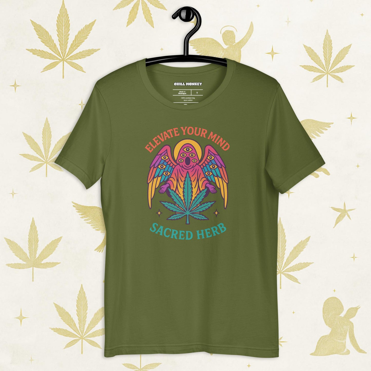 Chill Monkey unisex tee “Elevate Your Mind – Sacred Herb” streetwear 420 with psychedelic bird and cannabis leaf, front print view, olive color.