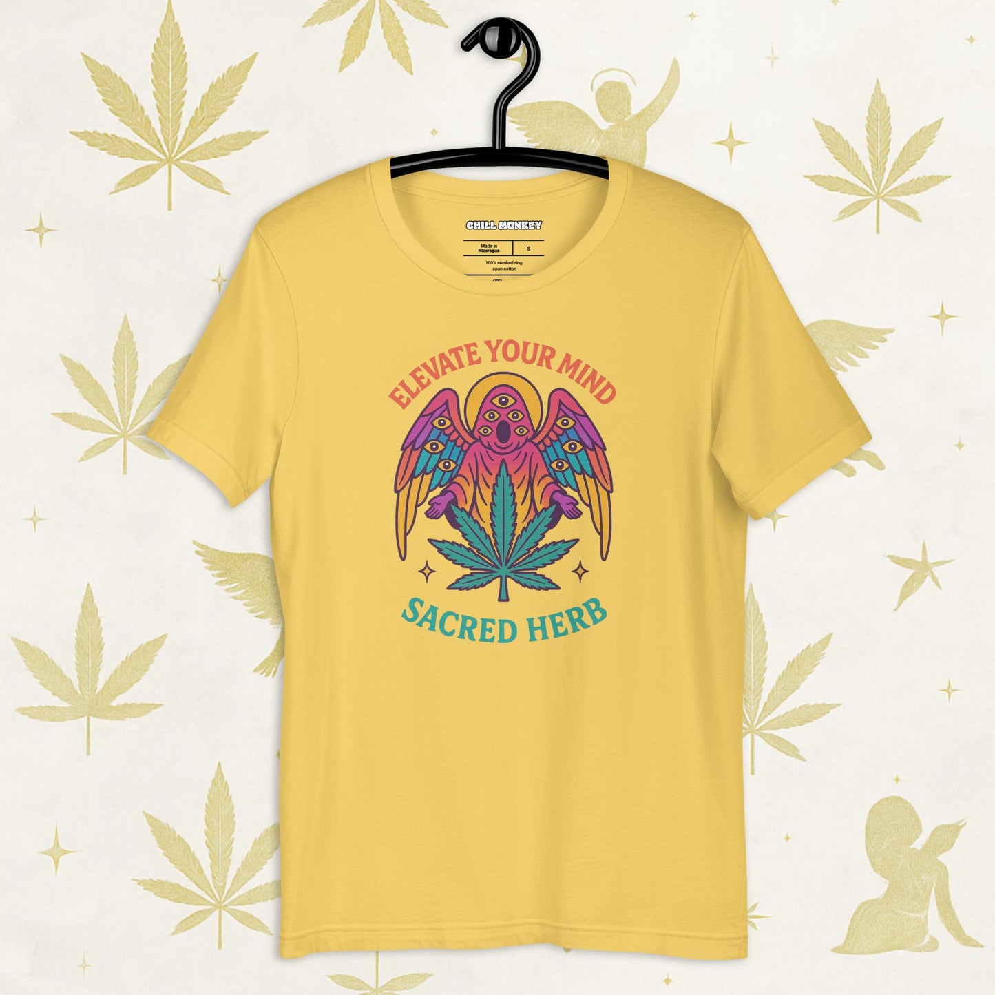 Chill Monkey unisex tee “Elevate Your Mind – Sacred Herb” streetwear 420 with psychedelic bird and cannabis leaf, front print view, yellow color.
