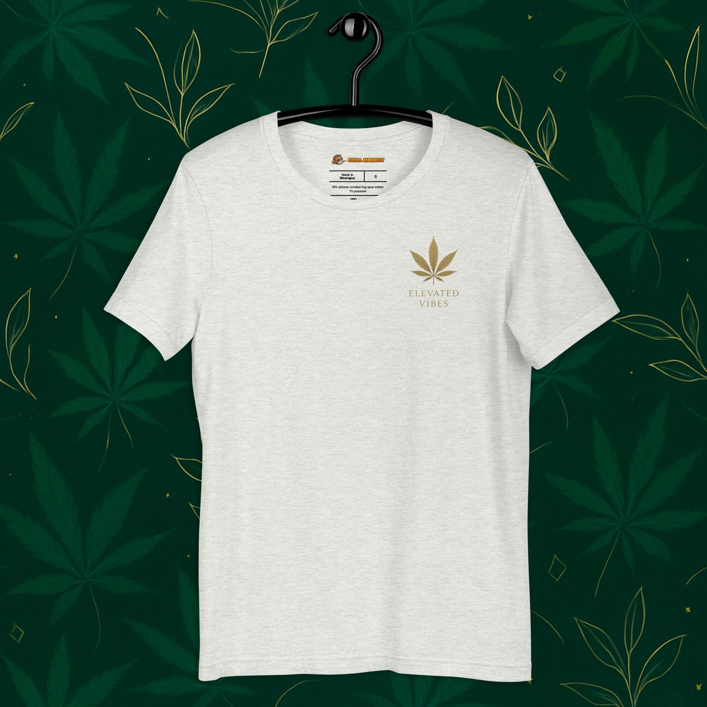Chill Monkey unisex tee “Elevated Vibes” minimalist cannabis leaf chest logo, streetwear 420 style, front view, ash color.