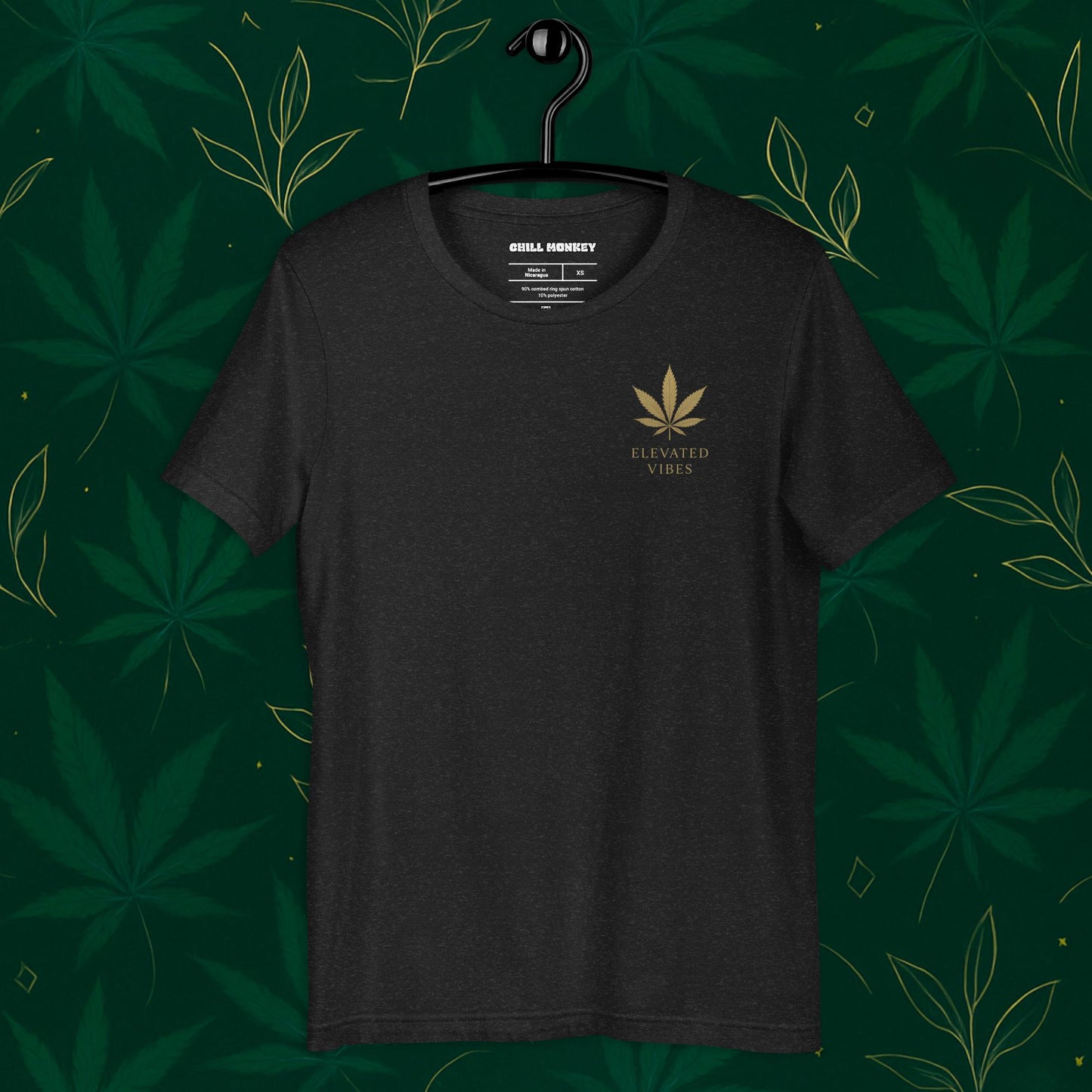 Chill Monkey unisex tee “Elevated Vibes” minimalist cannabis leaf chest logo, streetwear 420 style, front view, black color.