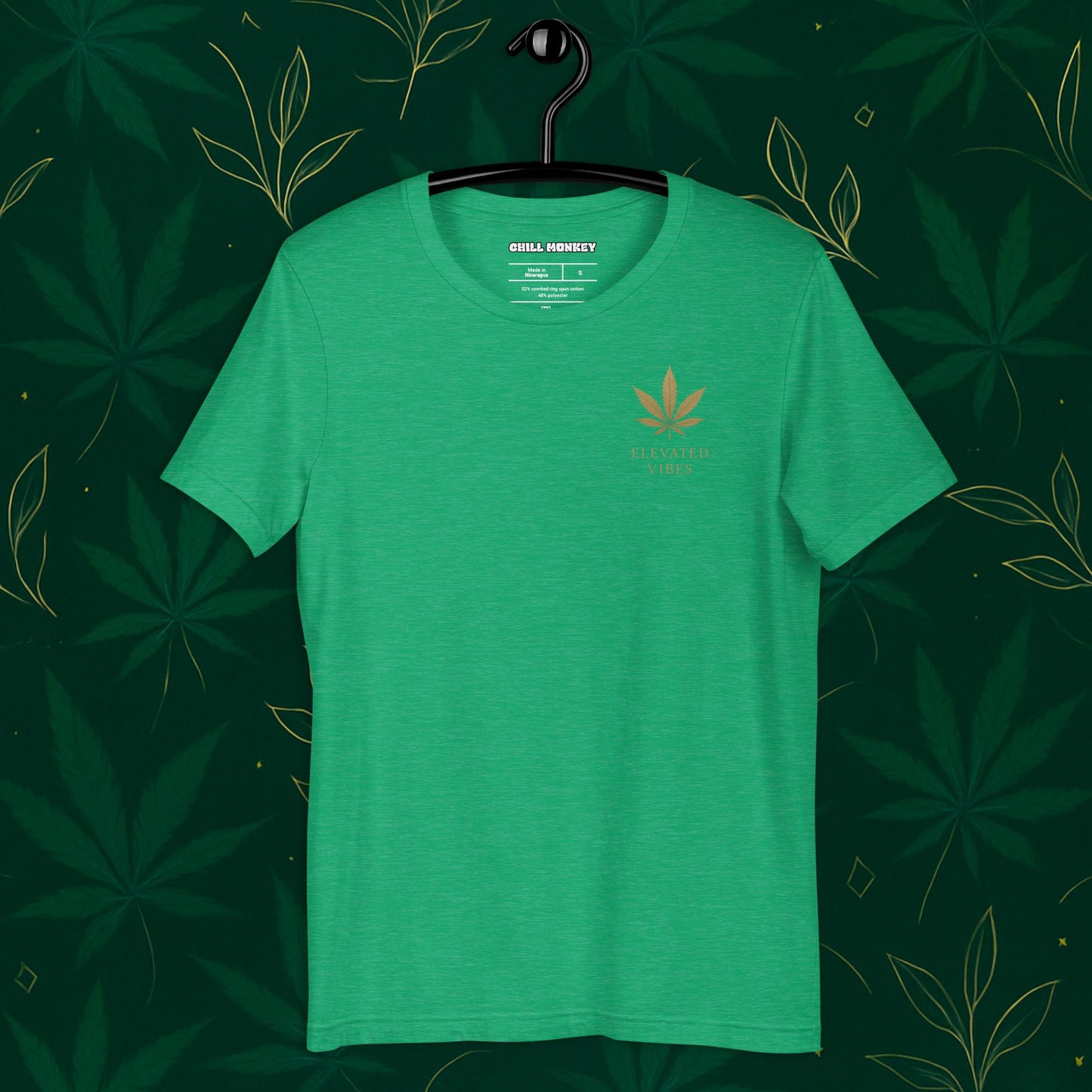 Chill Monkey unisex tee “Elevated Vibes” minimalist cannabis leaf chest logo, streetwear 420 style, front view, kelly color.