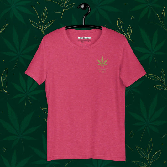 Chill Monkey unisex tee “Elevated Vibes” minimalist cannabis leaf chest logo, streetwear 420 style, front view, raspberry white color.