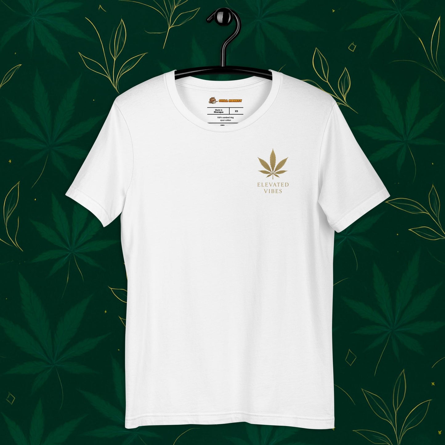 Chill Monkey unisex tee “Elevated Vibes” minimalist cannabis leaf chest logo, streetwear 420 style, front view, white color.