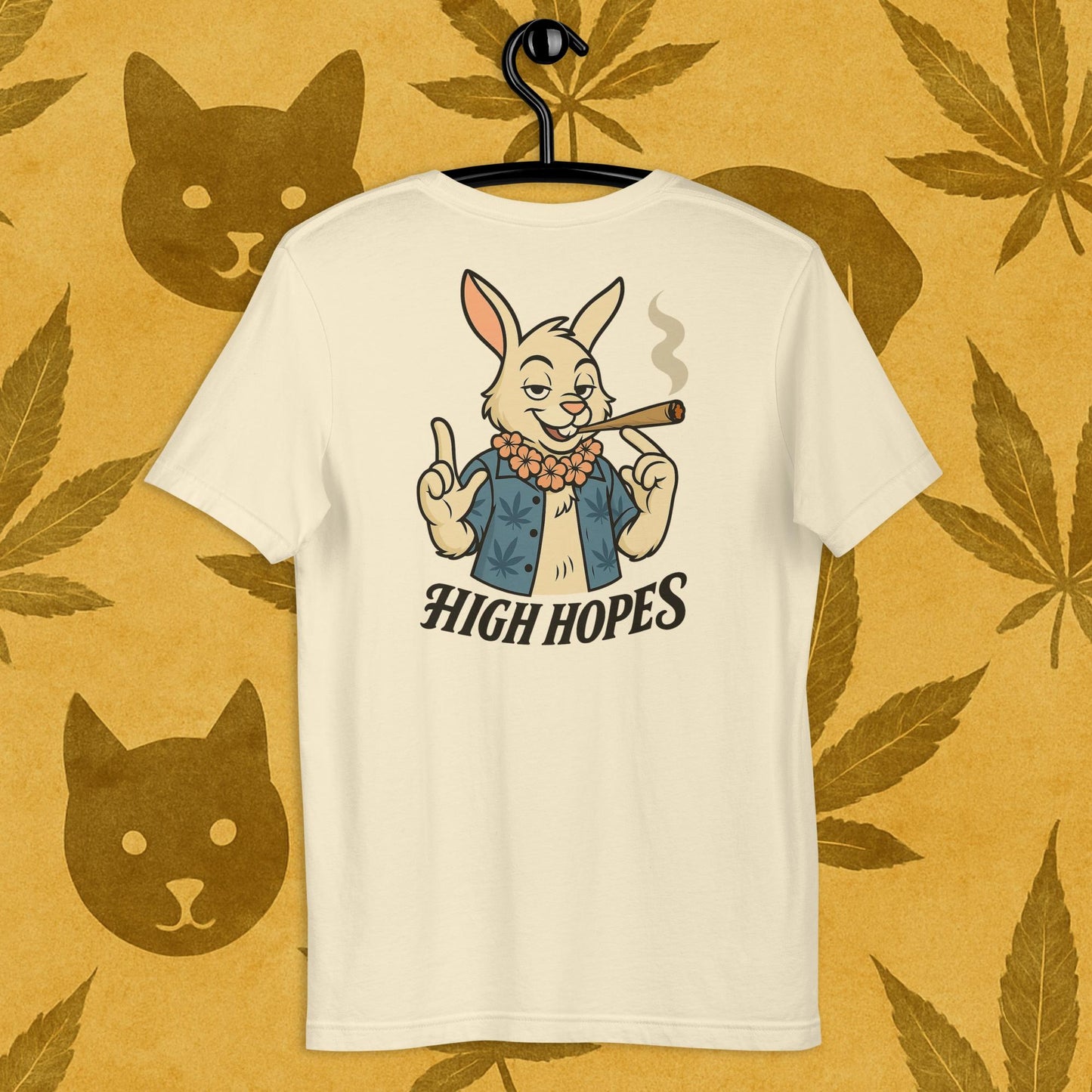Chill Monkey unisex tee “High Hopes” streetwear 420 with cartoon bunny smoking cannabis joint, back print view, beige color.