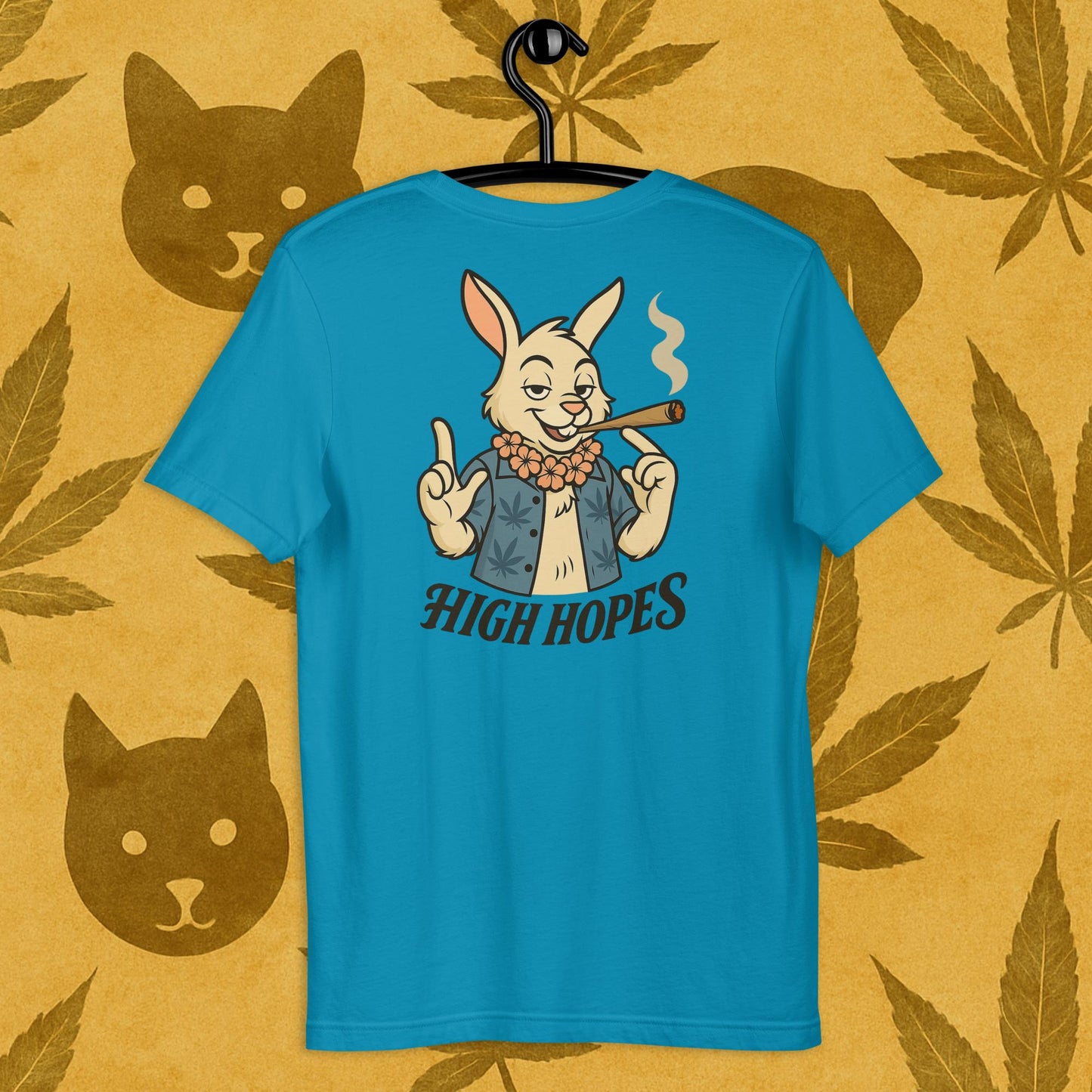 Chill Monkey unisex tee “High Hopes” streetwear 420 with cartoon bunny smoking cannabis joint, back print view, blue color.