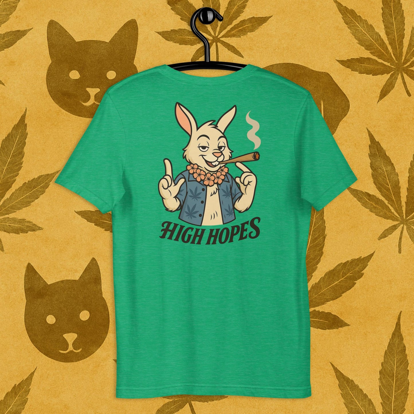 Chill Monkey unisex tee “High Hopes” streetwear 420 with cartoon bunny smoking cannabis joint, back print view, green color.