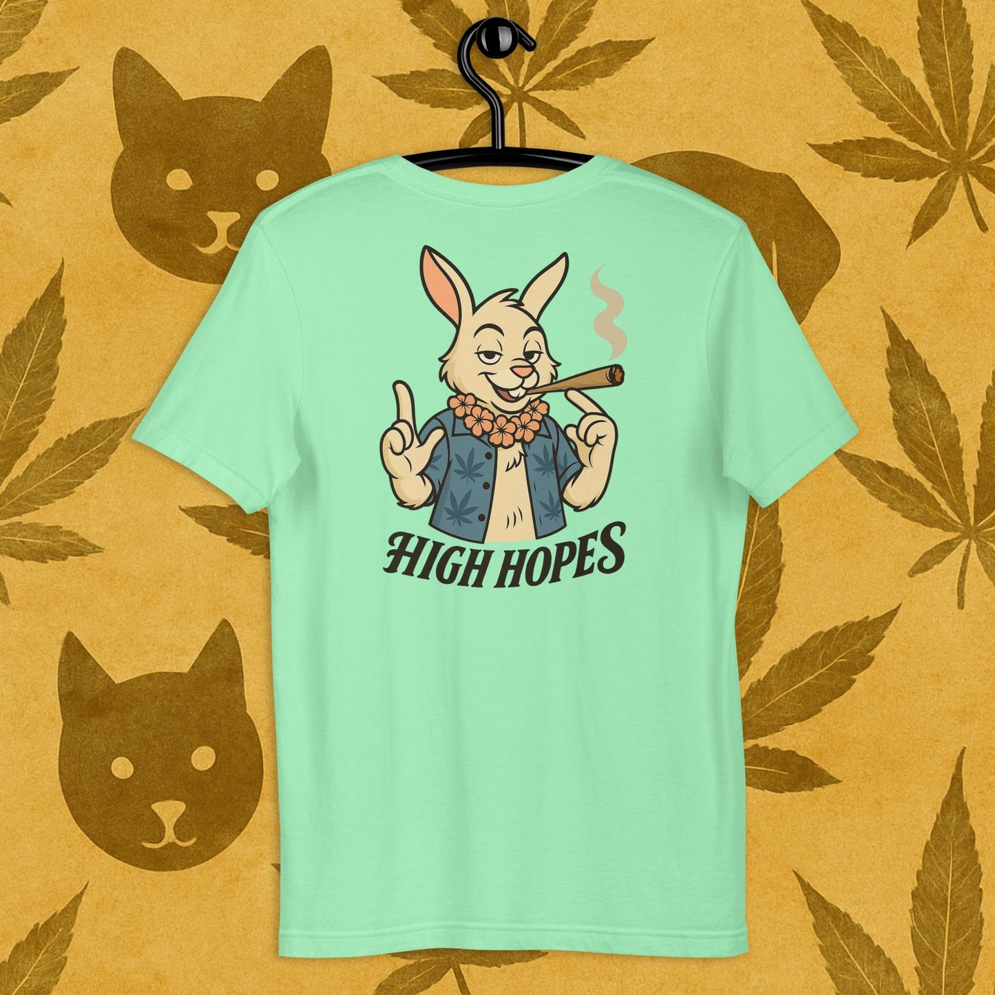 Chill Monkey unisex tee “High Hopes” streetwear 420 with cartoon bunny smoking cannabis joint, back print view, light green color.