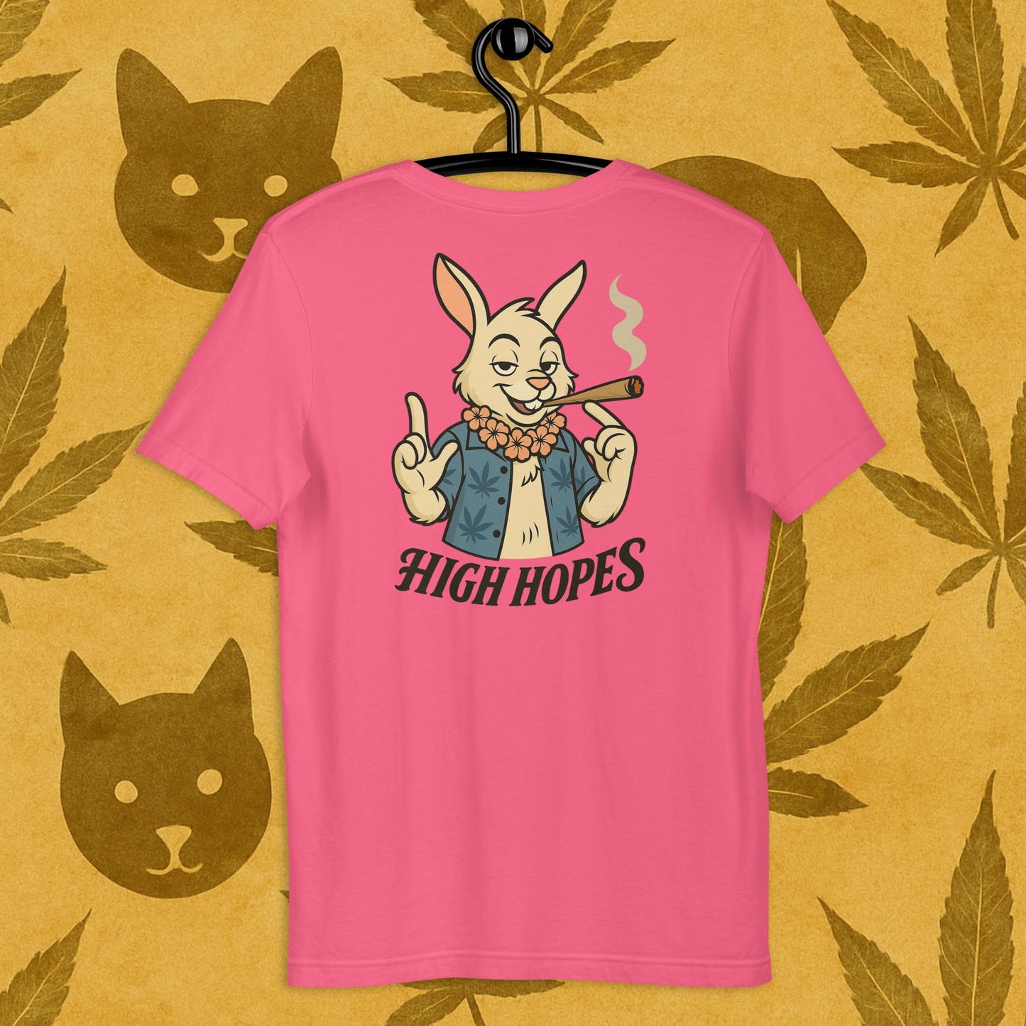 Chill Monkey unisex tee “High Hopes” streetwear 420 with cartoon bunny smoking cannabis joint, back print view, pink color.