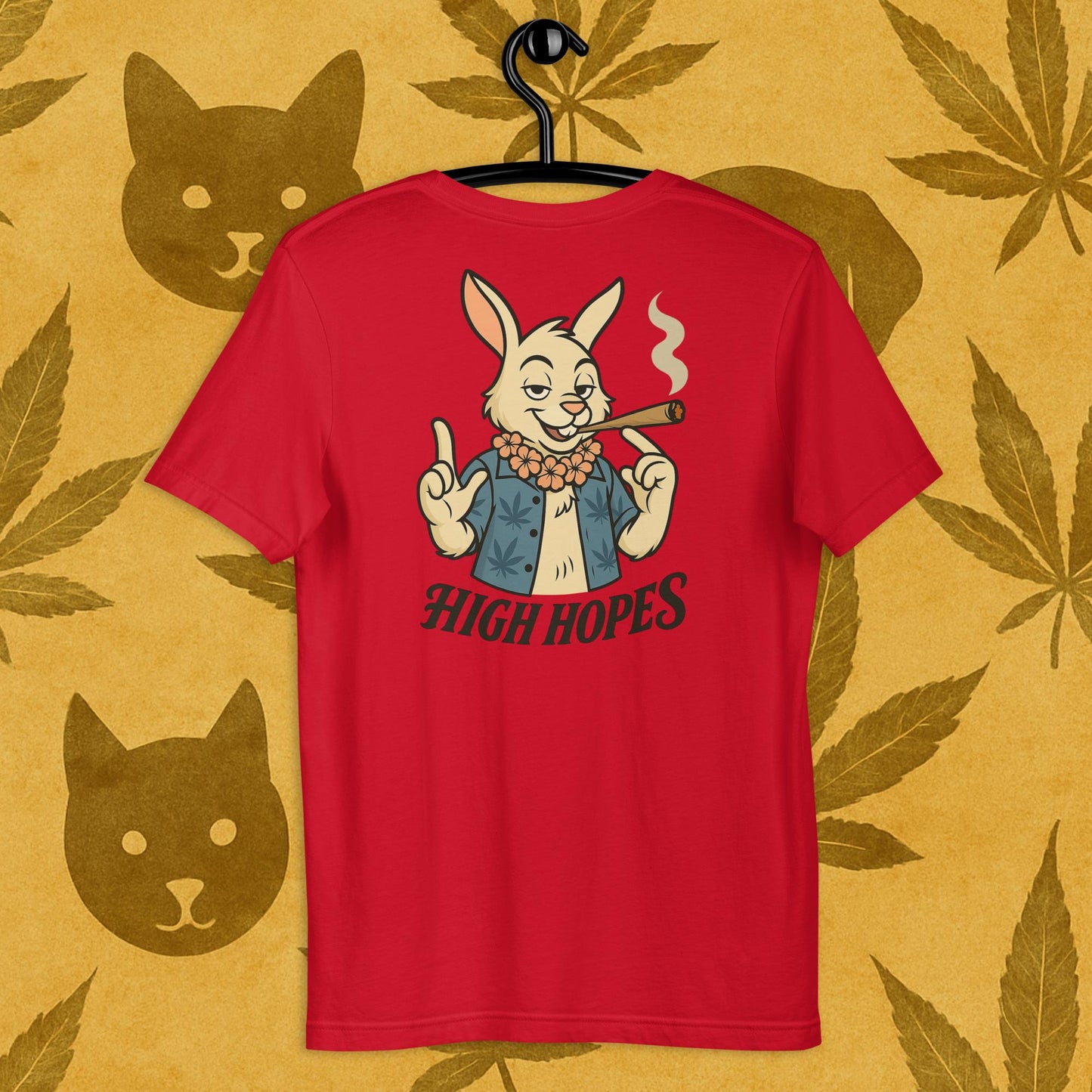 Chill Monkey unisex tee “High Hopes” streetwear 420 with cartoon bunny smoking cannabis joint, back print view, red color.
