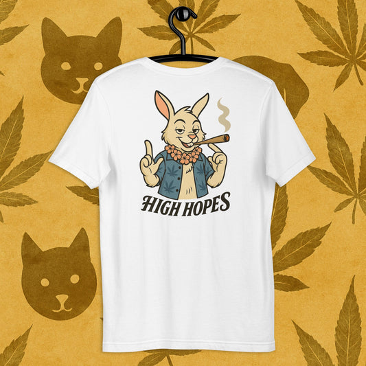Chill Monkey unisex tee “High Hopes” streetwear 420 with cartoon bunny smoking cannabis joint, back print view, white color.