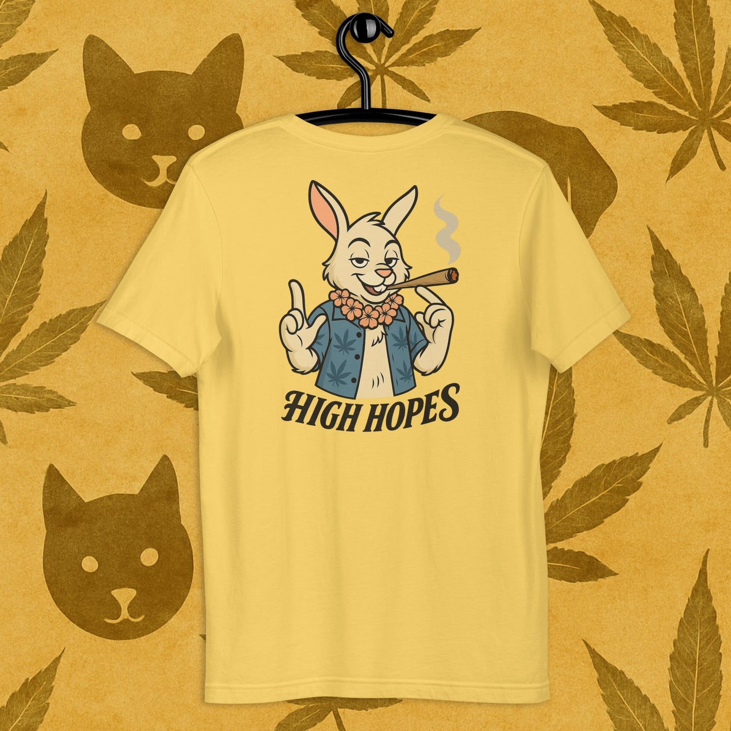 Chill Monkey unisex tee “High Hopes” streetwear 420 with cartoon bunny smoking cannabis joint, back print view, yellow color.