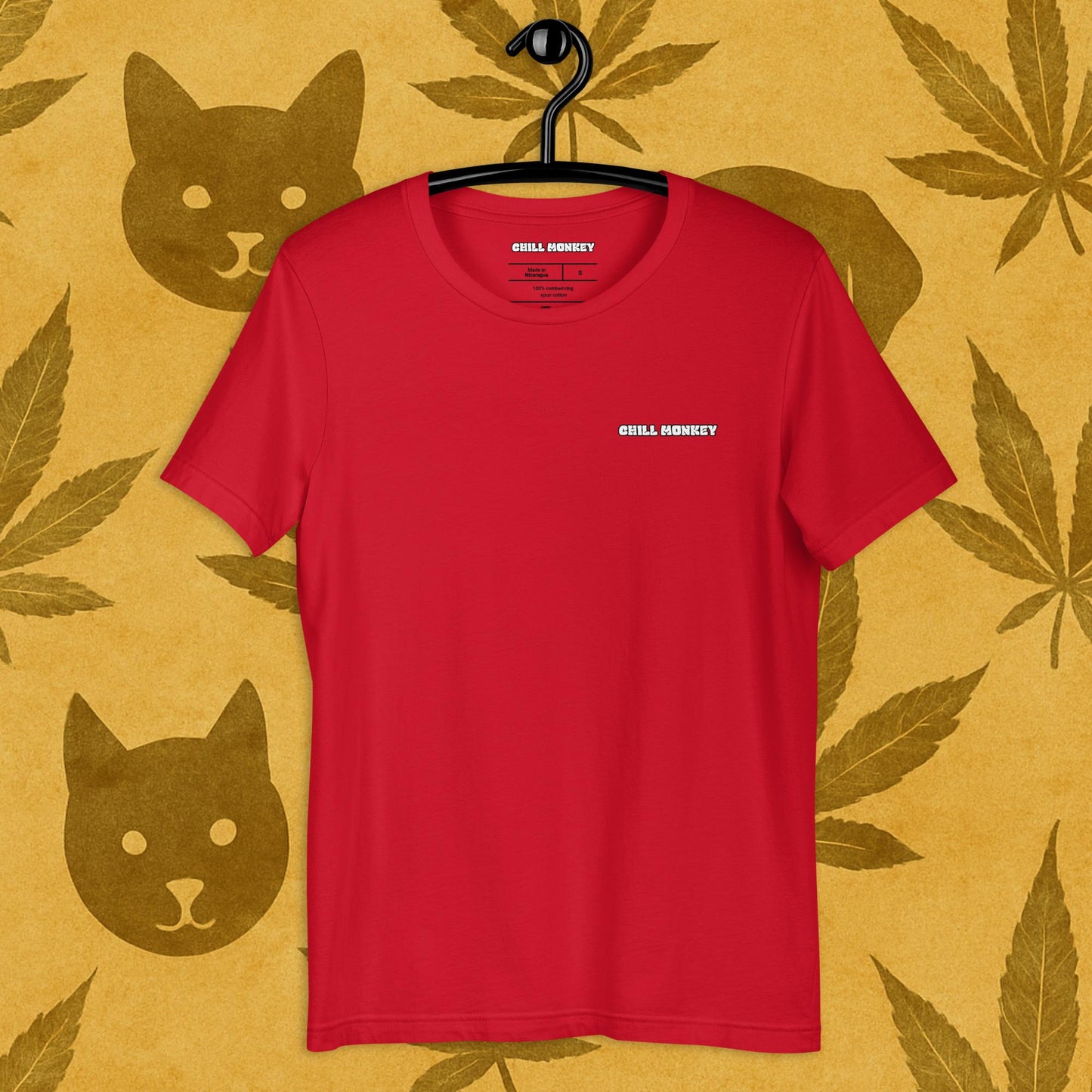 Chill Monkey unisex tee label "chill monkey" streetwear 420 front print view, red color.