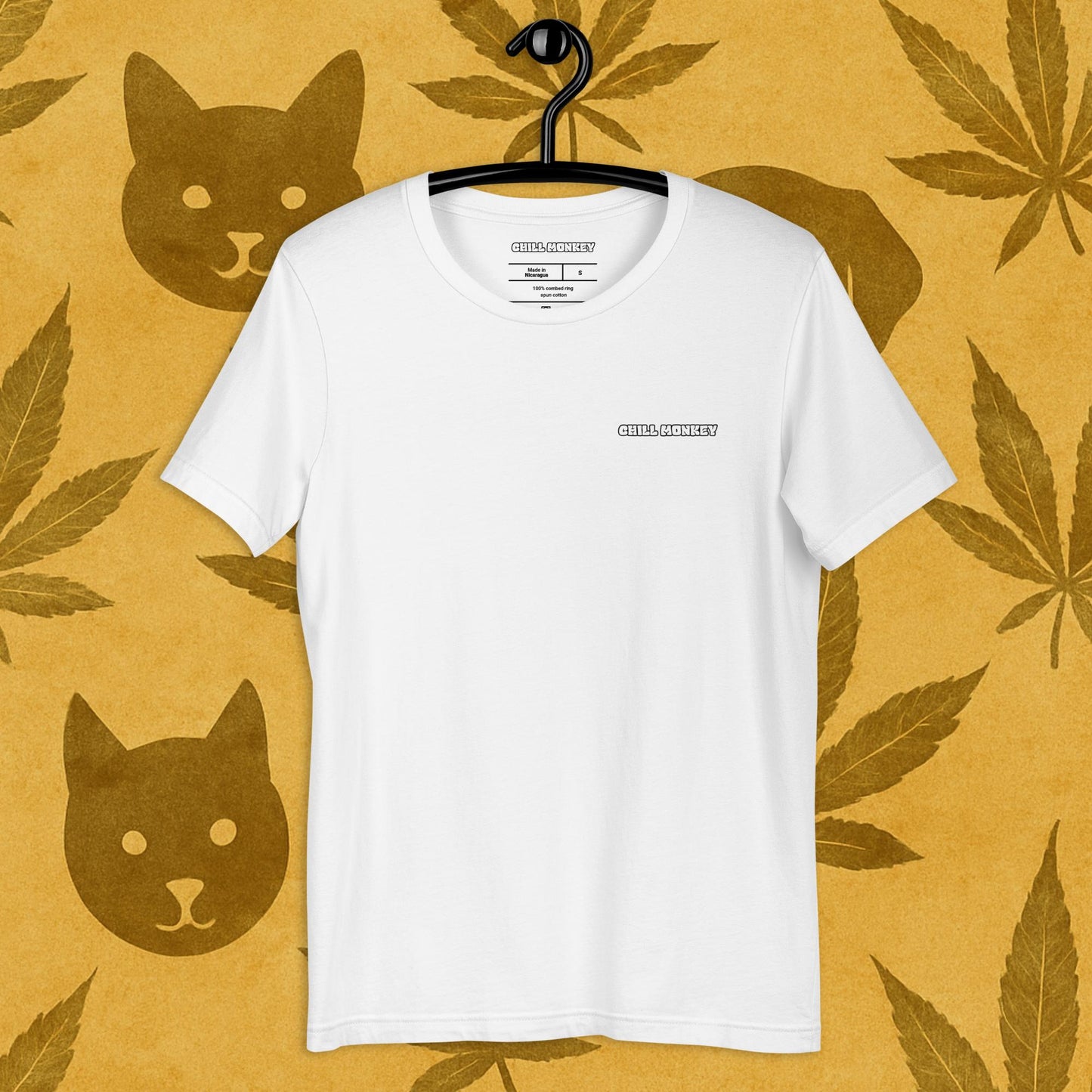 Chill Monkey unisex tee label "chill monkey" streetwear 420 front print view, white color.