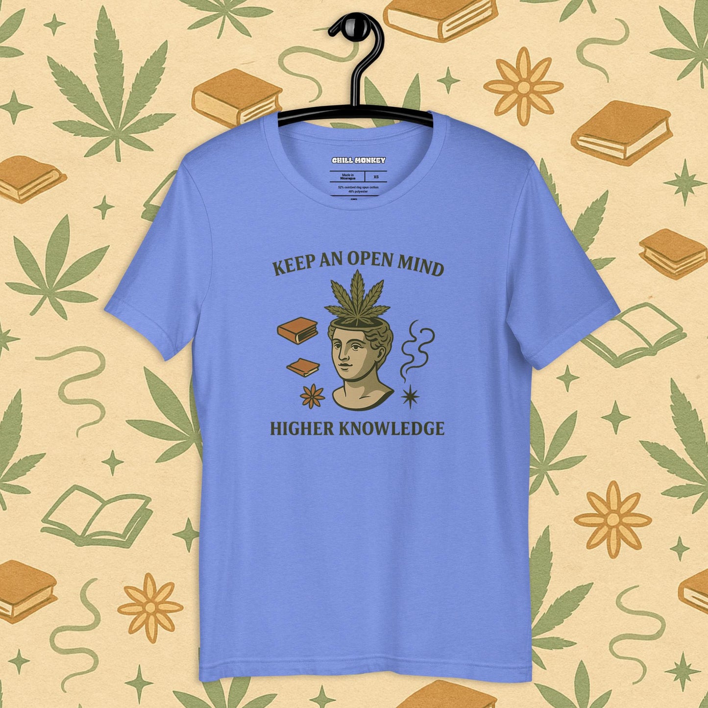 Chill Monkey unisex tee “Keep an Open Mind – Higher Knowledge” streetwear 420 featuring classical bust with cannabis leaf, front print view, blue color.