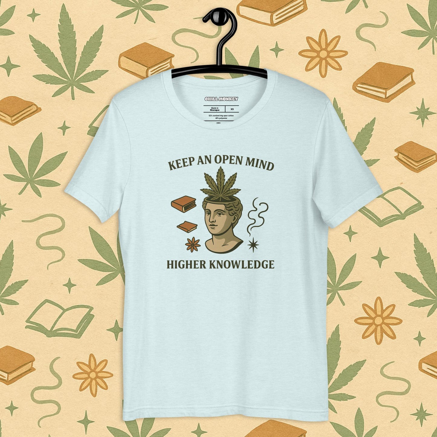 Chill Monkey unisex tee “Keep an Open Mind – Higher Knowledge” streetwear 420 featuring classical bust with cannabis leaf, front print view, green color.