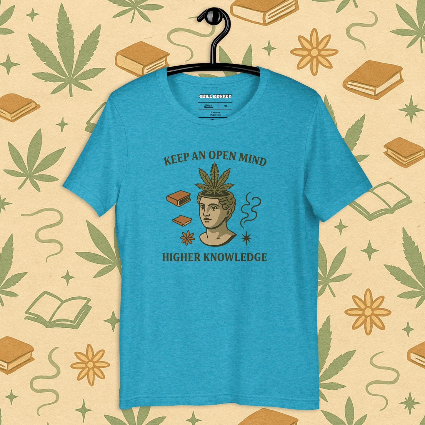 Chill Monkey unisex tee “Keep an Open Mind – Higher Knowledge” streetwear 420 featuring classical bust with cannabis leaf, front print view, blue color.