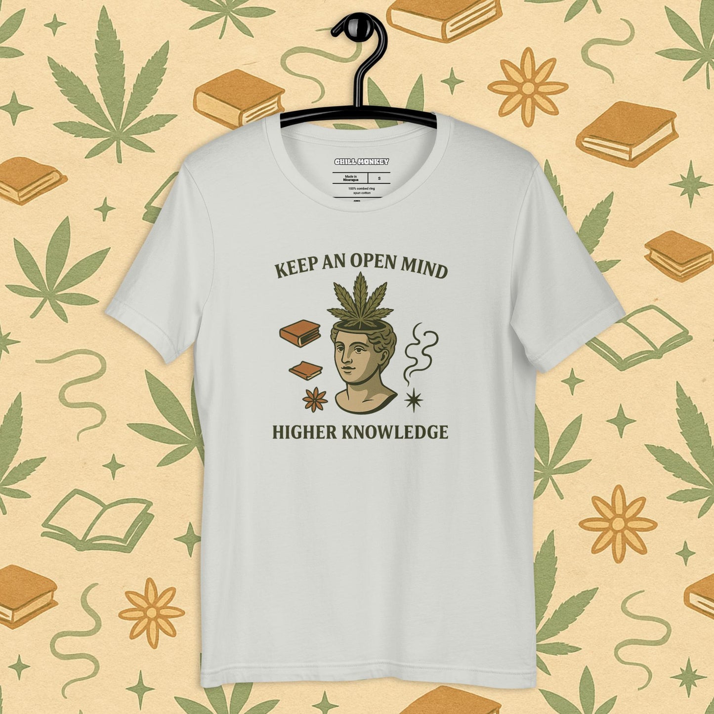 Chill Monkey unisex tee “Keep an Open Mind – Higher Knowledge” streetwear 420 featuring classical bust with cannabis leaf, front print view, light grey color.