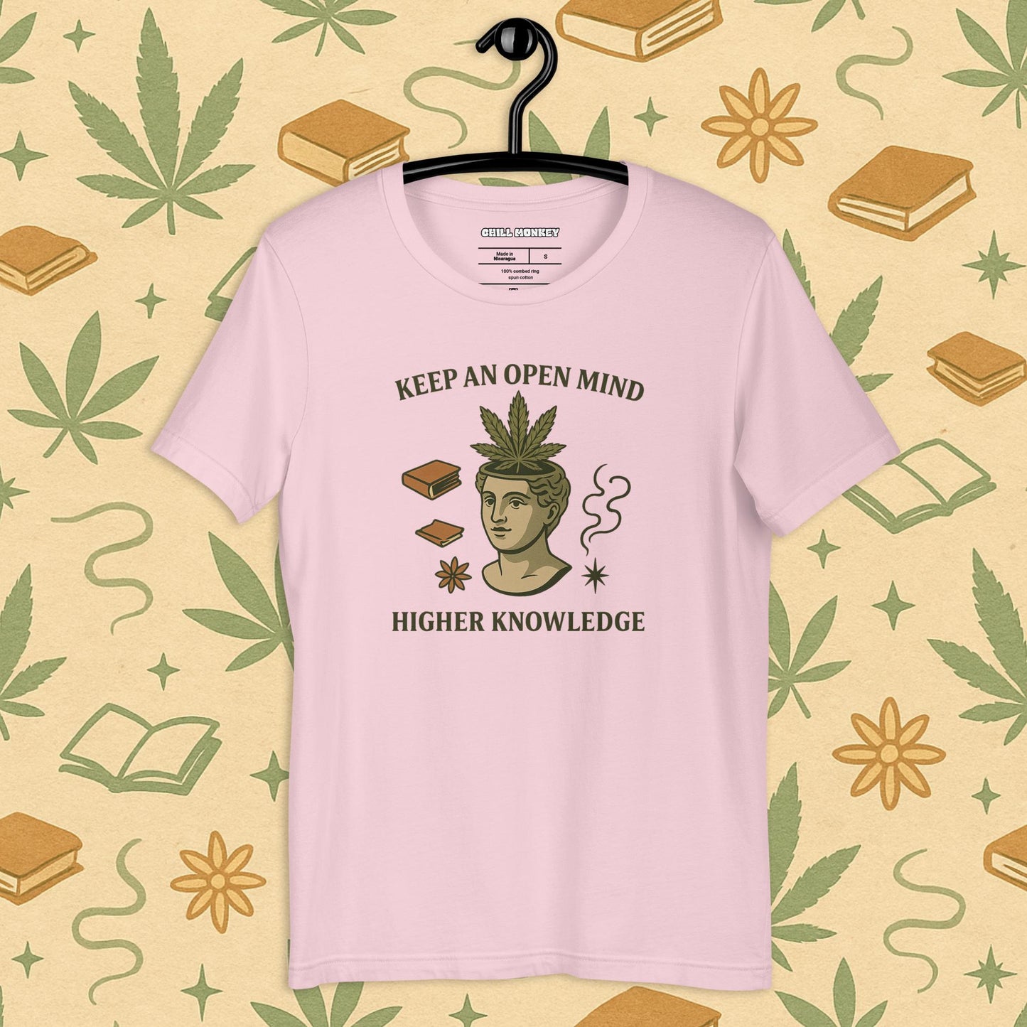Chill Monkey unisex tee “Keep an Open Mind – Higher Knowledge” streetwear 420 featuring classical bust with cannabis leaf, front print view, pink color.