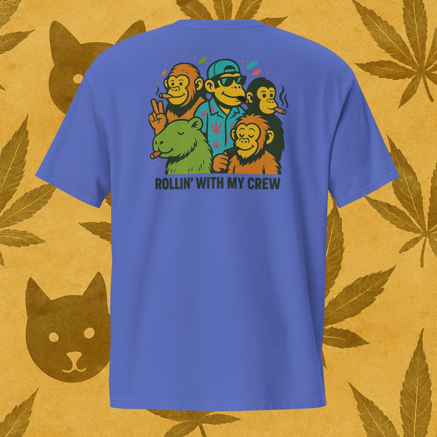 Chill Monkey unisex pocket tee “Rollin’ with My Crew” streetwear 420 featuring cartoon monkeys smoking cannabis, back print view, garment-dyed blue color.