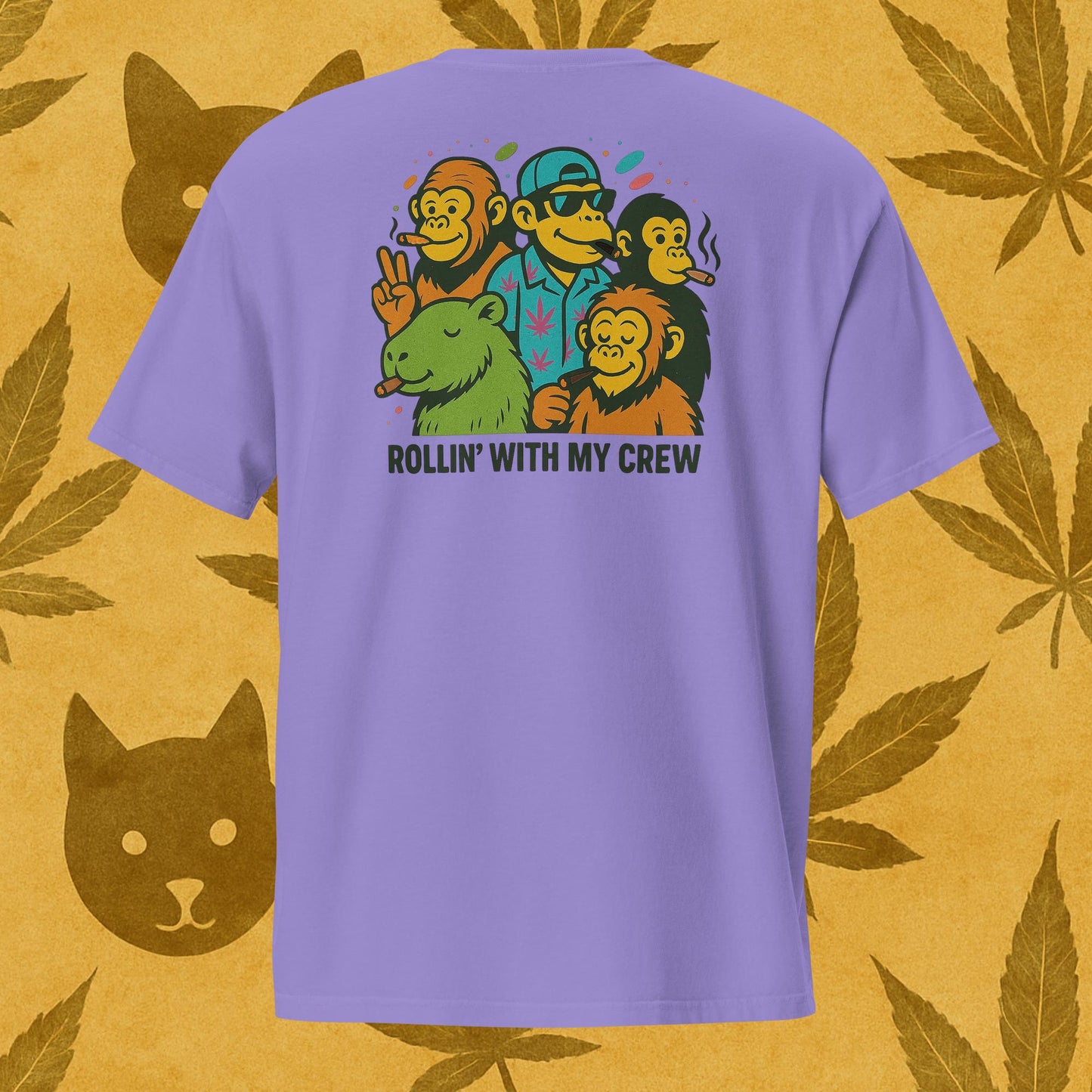 Chill Monkey unisex pocket tee “Rollin’ with My Crew” streetwear 420 featuring cartoon monkeys smoking cannabis, back print view, garment-dyed purple color.