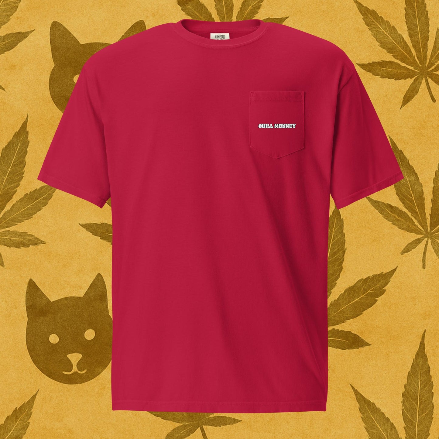 Chill Monkey unisex pocket tee “Rollin’ with My Crew” streetwear 420 featuring cartoon monkeys smoking cannabis, front print view, garment-dyed red color.