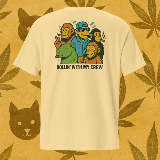 Chill Monkey unisex pocket tee “Rollin’ with My Crew” streetwear 420 featuring cartoon monkeys smoking cannabis, back print view, garment-dyed sand color.
