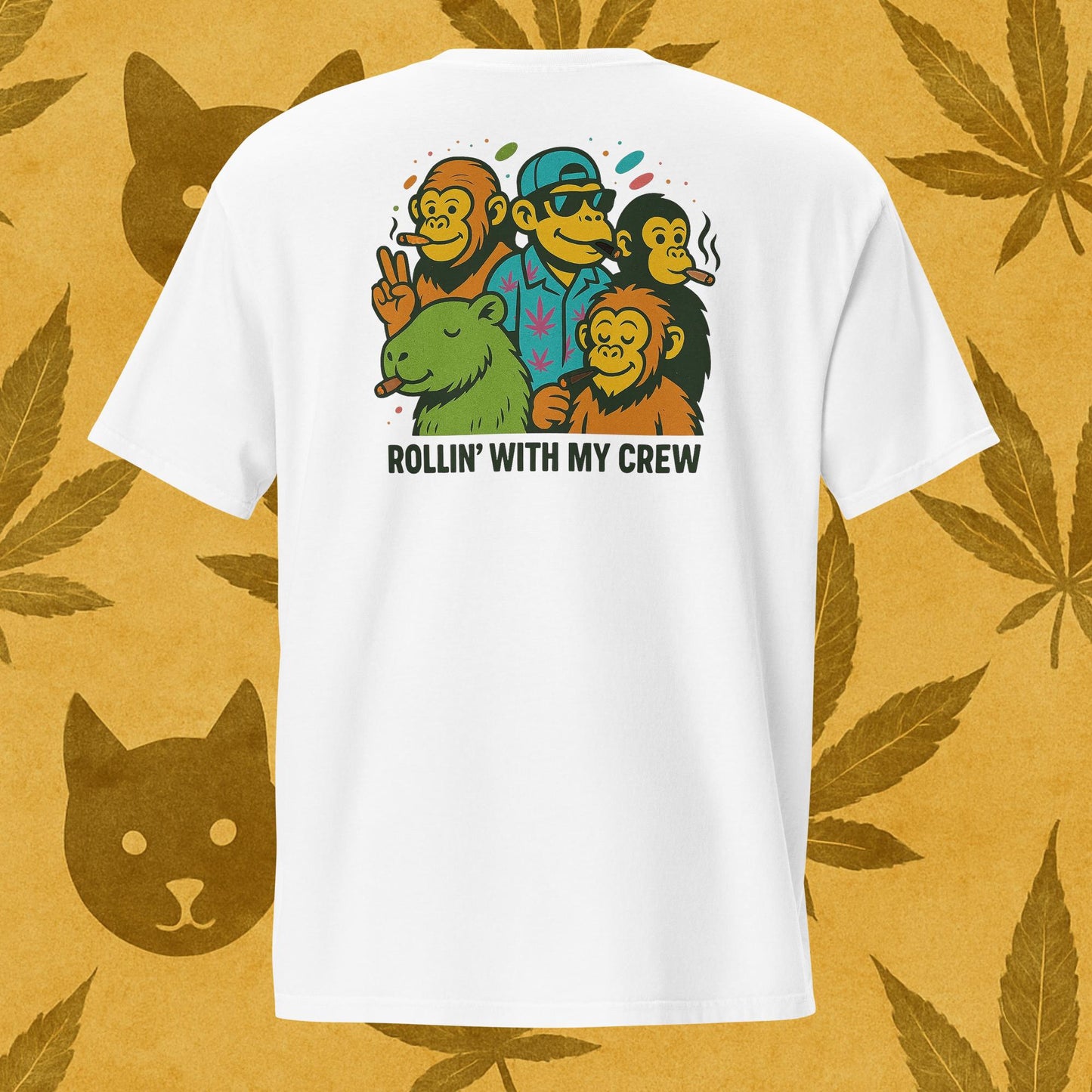 Chill Monkey unisex pocket tee “Rollin’ with My Crew” streetwear 420 featuring cartoon monkeys smoking cannabis, back print view, garment-dyed white color.