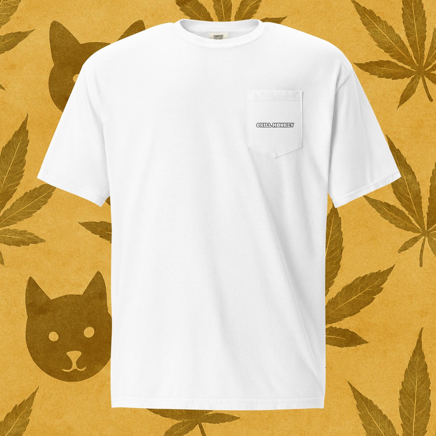 Chill Monkey unisex pocket tee “Rollin’ with My Crew” streetwear 420 featuring cartoon monkeys smoking cannabis, back print view, garment-dyed white color.
