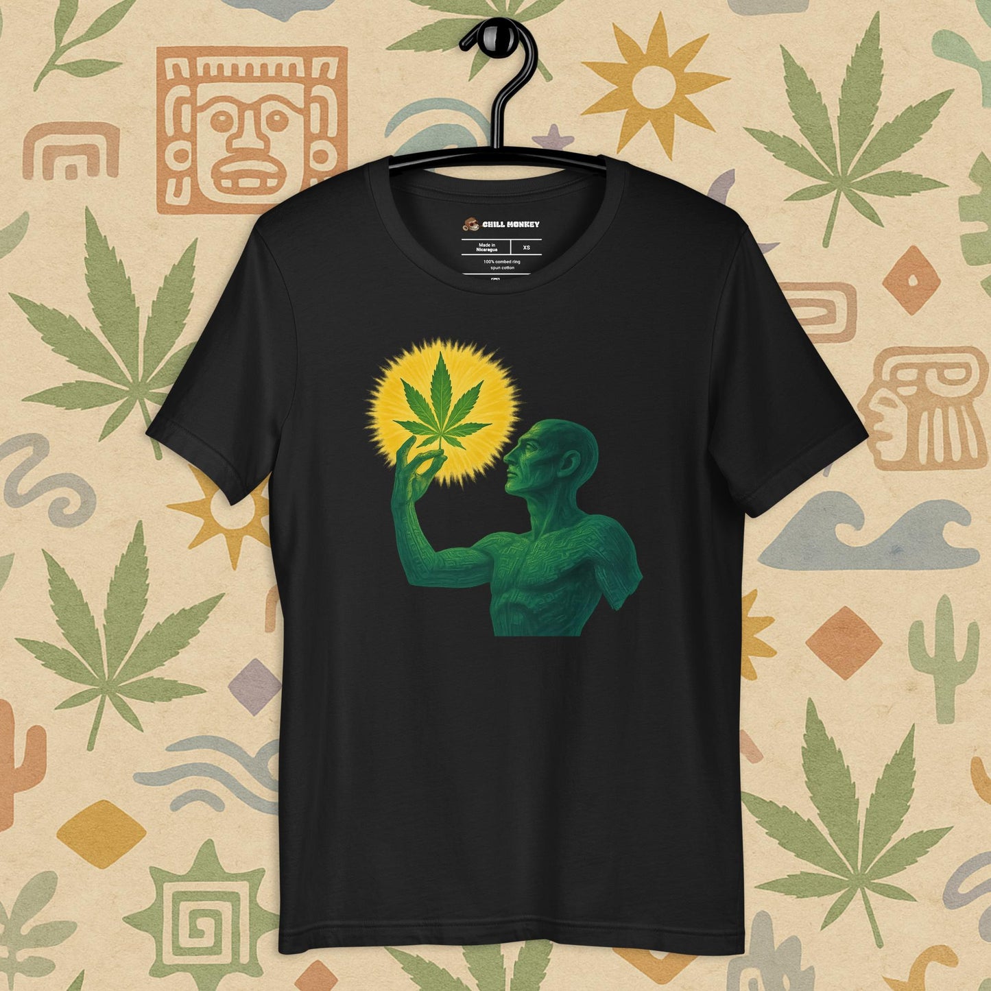 Chill Monkey unisex tee “Sacred Herb” featuring green mystical figure holding glowing cannabis leaf, streetwear 420 design, front view, black vintage color.