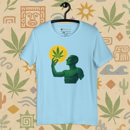 Chill Monkey unisex tee “Sacred Herb” featuring green mystical figure holding glowing cannabis leaf, streetwear 420 design, front view, blue color.
