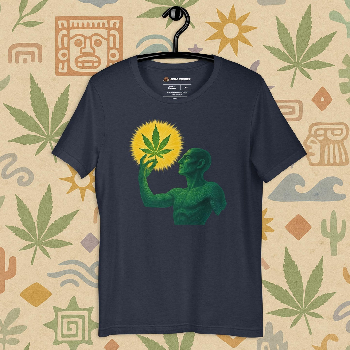 Chill Monkey unisex tee “Sacred Herb” featuring green mystical figure holding glowing cannabis leaf, streetwear 420 design, front view, navy color.