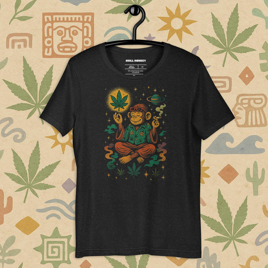 Chill Monkey unisex tee “Zen Monkey” streetwear 420 featuring meditating monkey, glowing cannabis leaf and cosmic motifs, front print view, vintage black color.