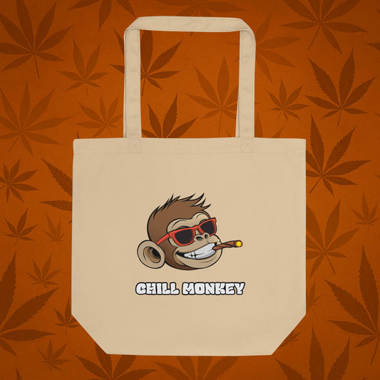 Chill Monkey eco tote bag with Chill Monkey mascot smoking cannabis joint, streetwear 420 logo, front view, sand color.