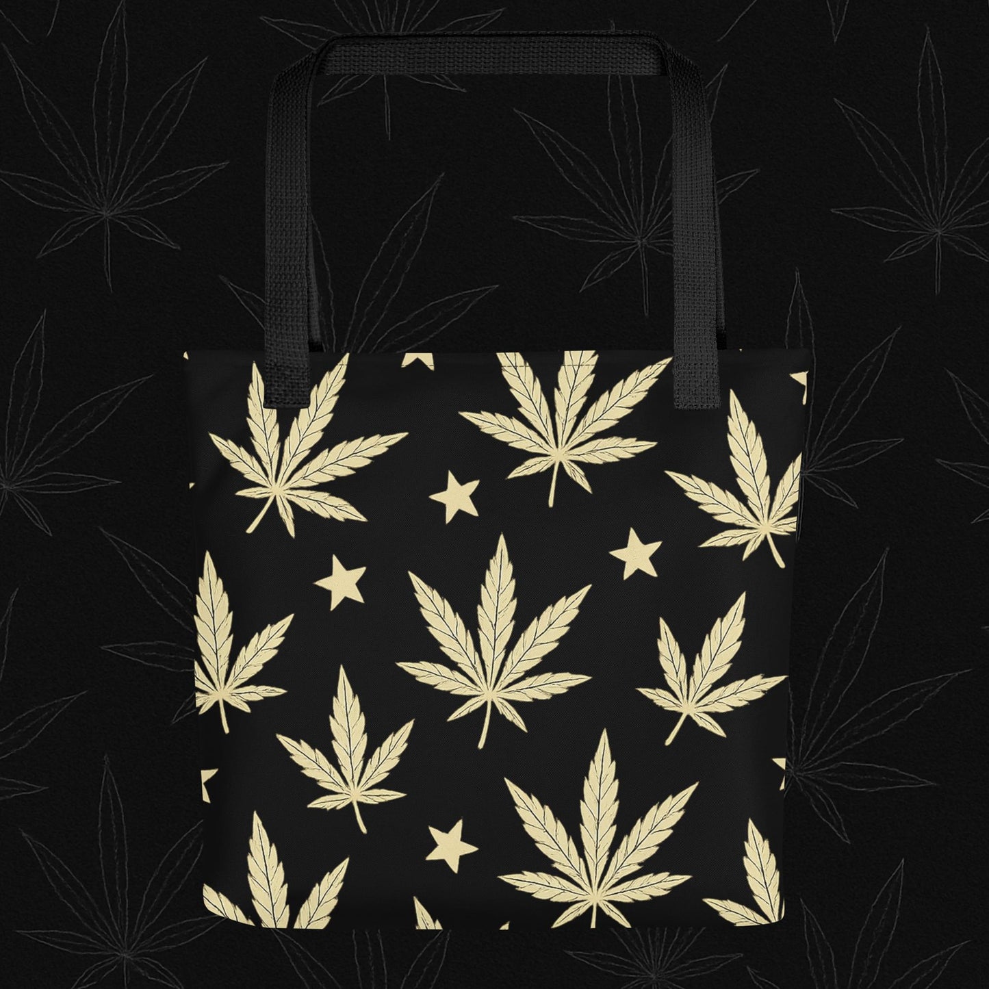 Chill Monkey tote bag with all-over gold cannabis leaves and stars, streetwear 420 style, 15×15 inch front view, black base.