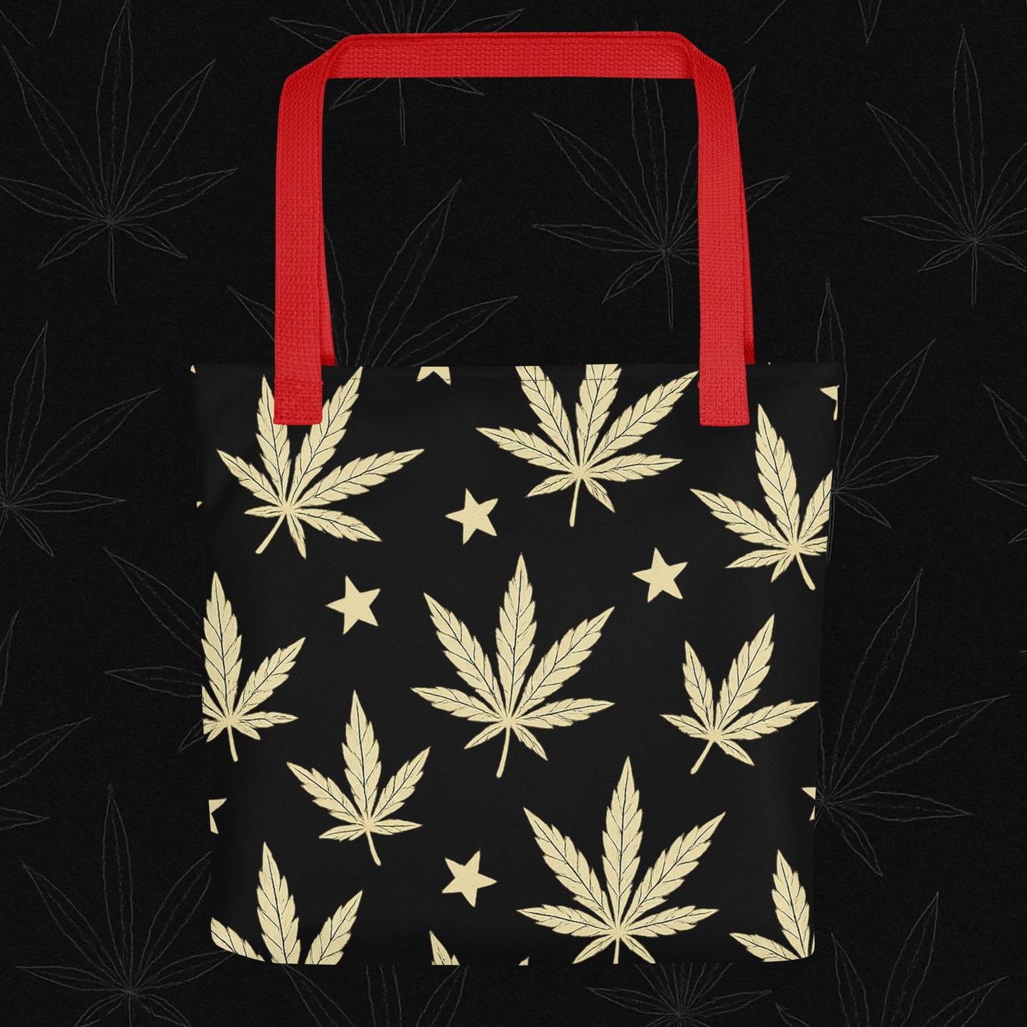 Chill Monkey tote bag with all-over gold cannabis leaves and stars, streetwear 420 style, 15×15 inch front view, red base.